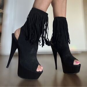 Exotic dancer peep toe fringe black suede platform stiletto booties